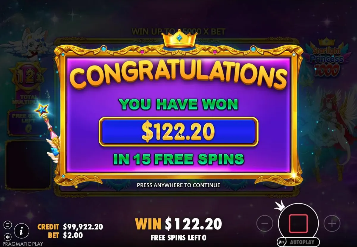 End screen of a free spins round at $122.20