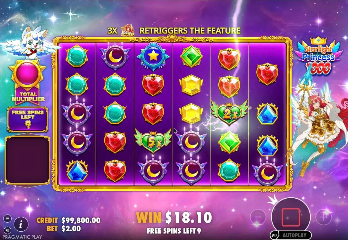 Starlight Princess 1000 free spins with 2x and 5x hearts on the grid