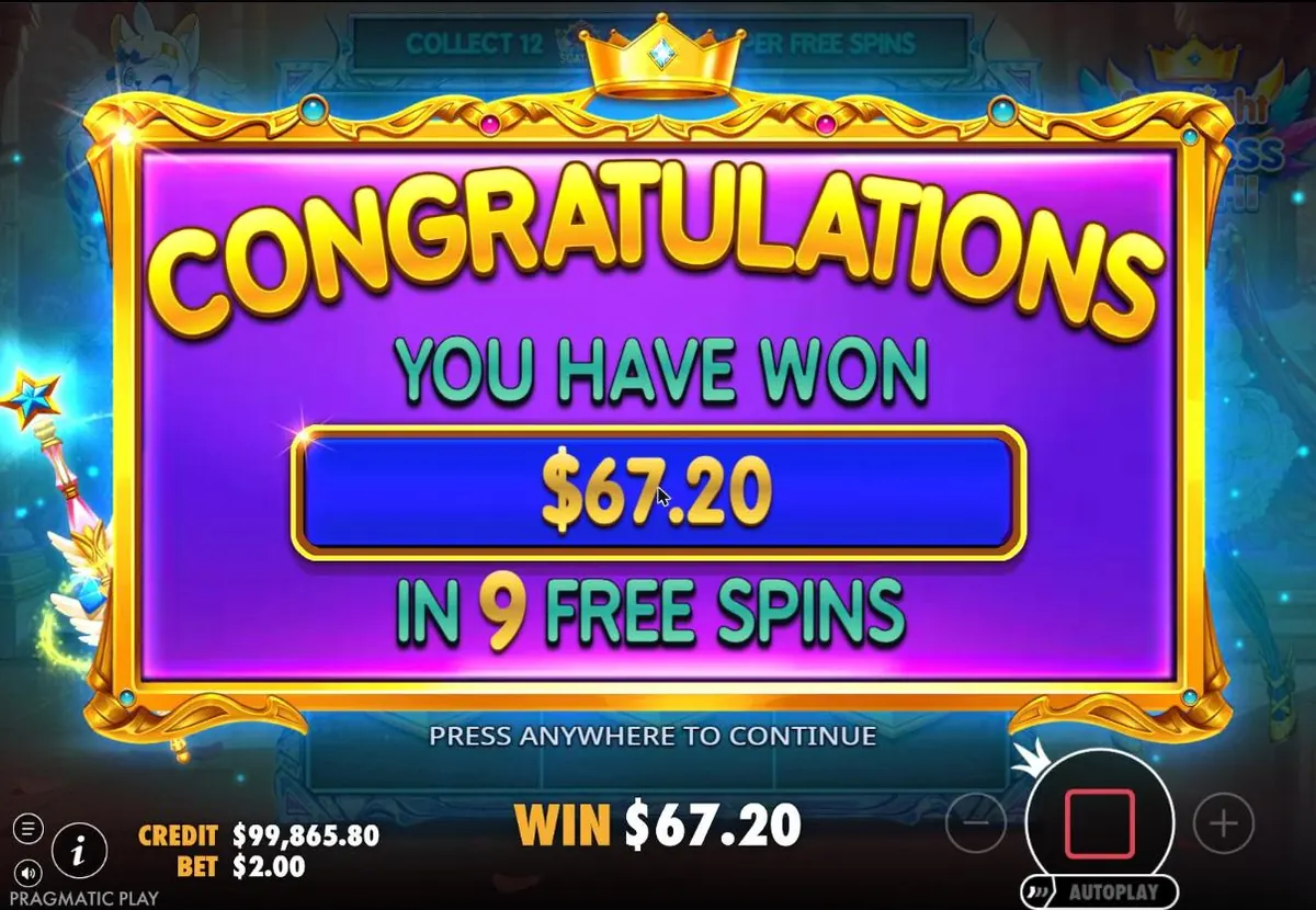 End of free spins screen at $67.20