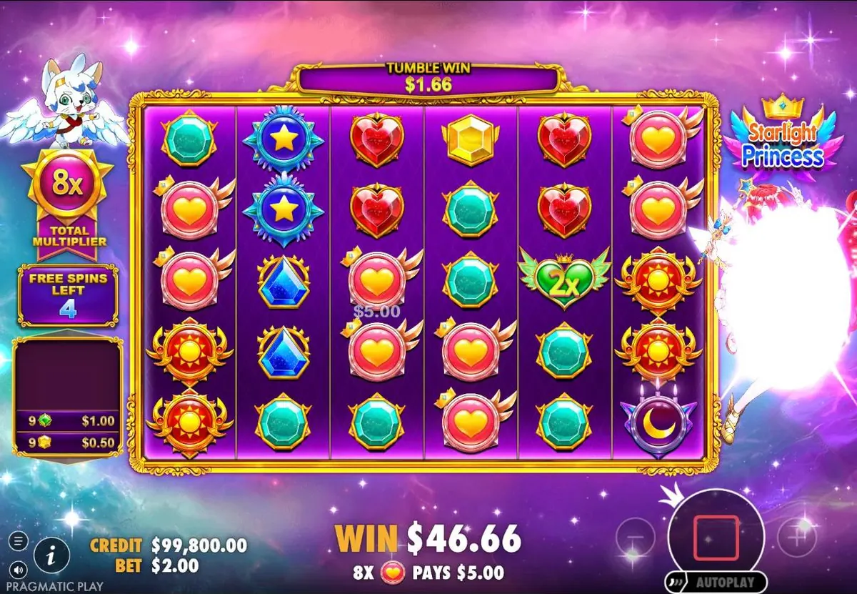 Starlight Princess free spins with an 8x total multiplier
