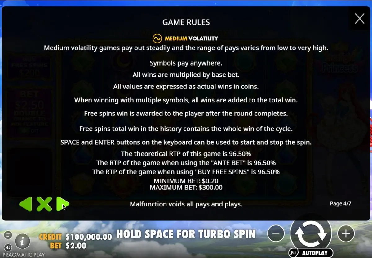 Starlight Princess rules page showing the three RTP figures and bet limits