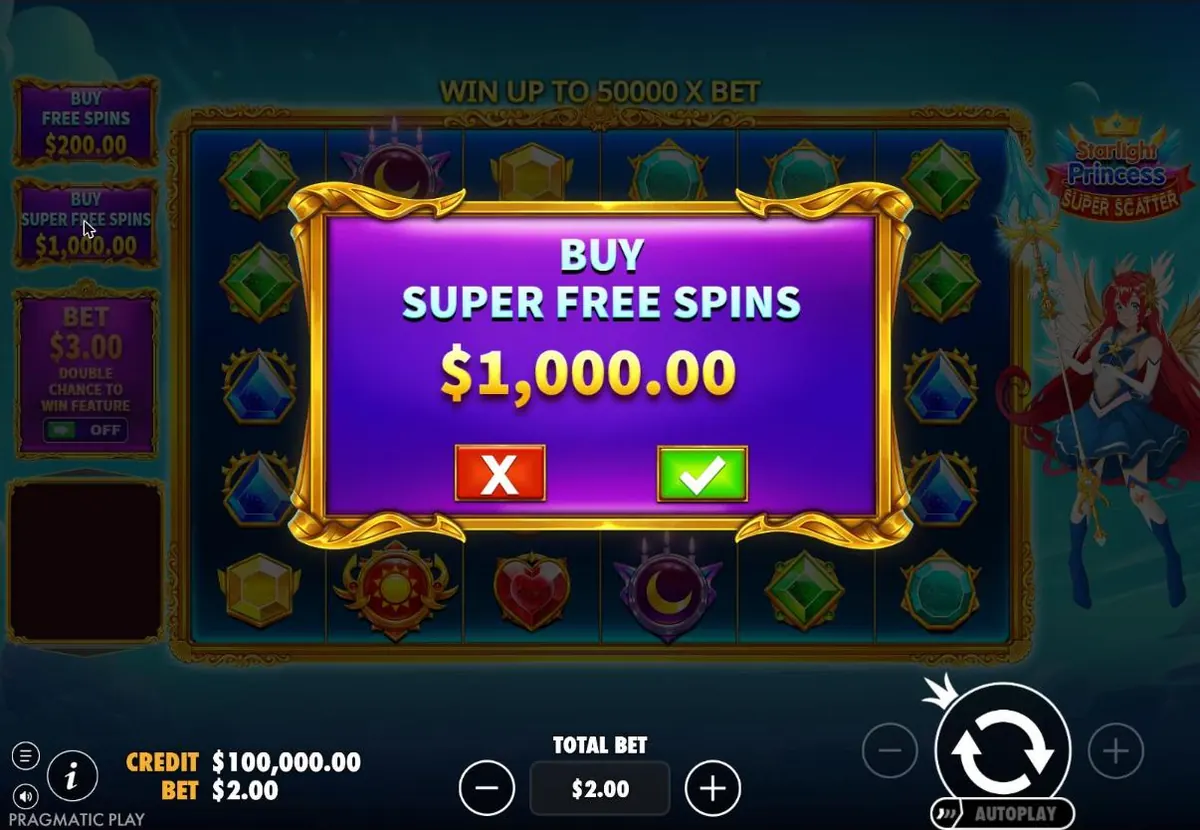 Buy Super Free Spins window asking $1,000