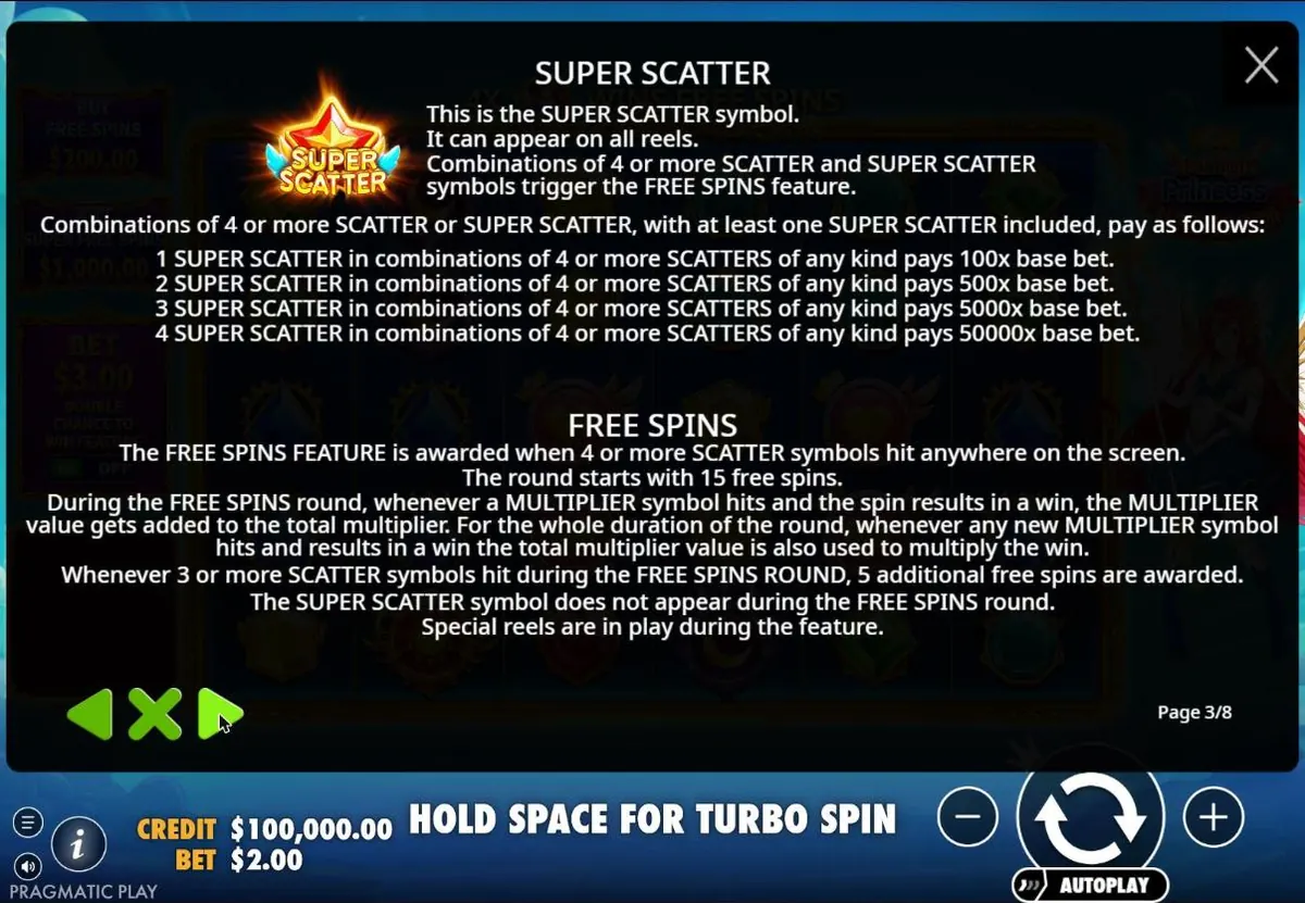 Rules screen explaining the super scatter prizes