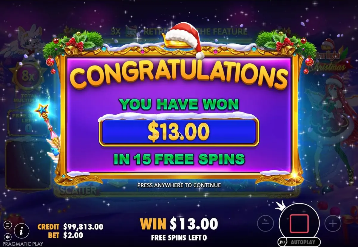 End screen showing $13.00 in 15 free spins