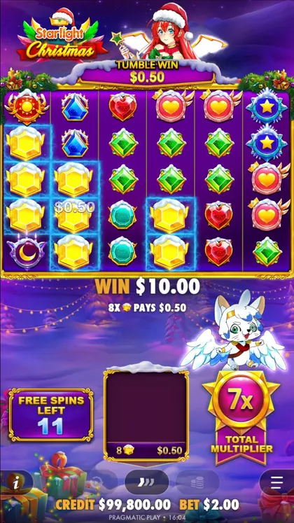 Starlight Christmas free spins on a phone with a 7x total