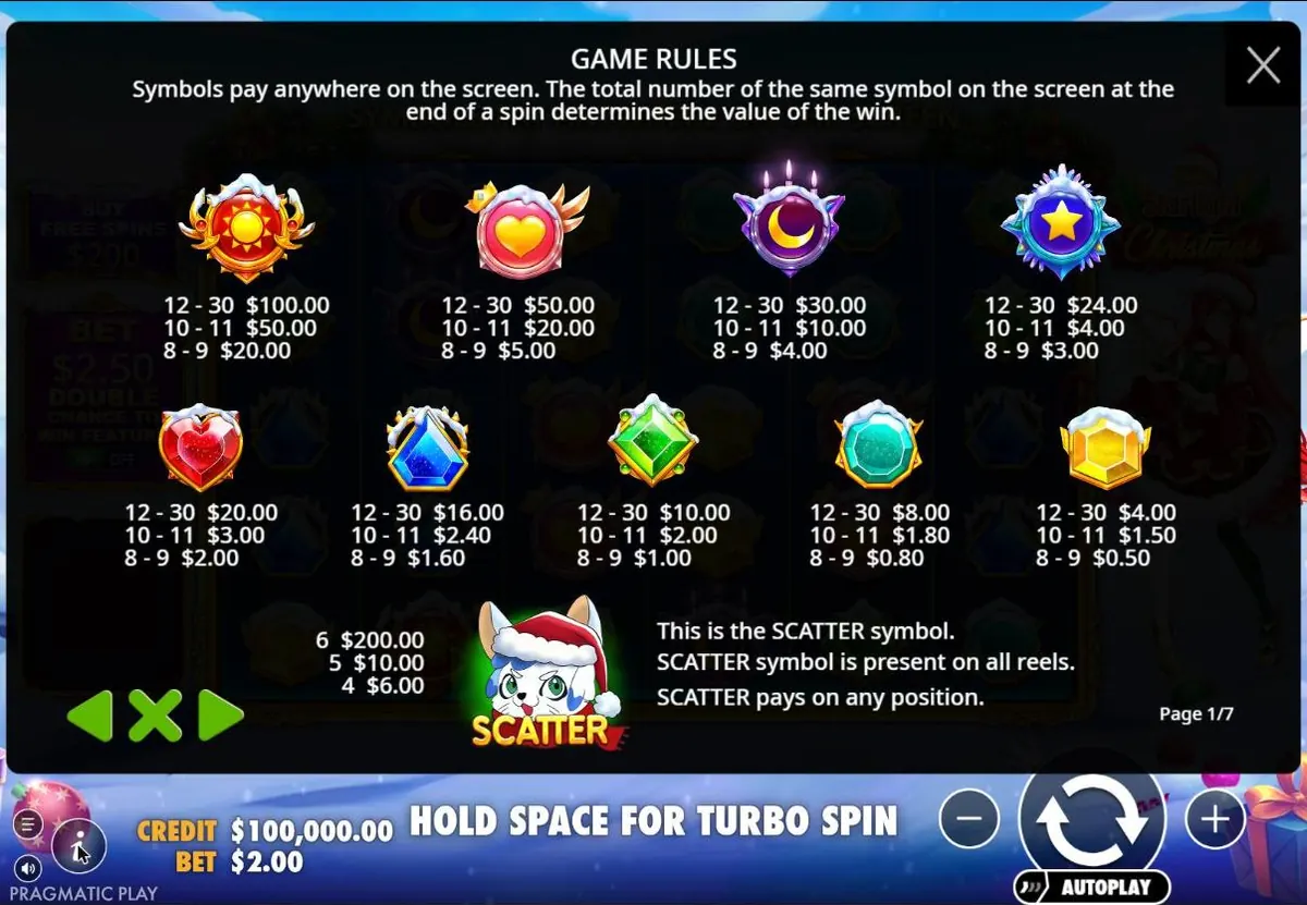 Starlight Christmas rules screen with the paytable